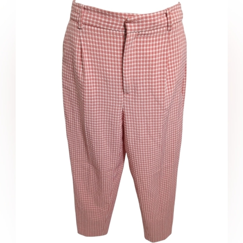 ZARA Pink White Gingham Seersucker Blazer XS Pants S Set Lightweight Summer Suit - Picture 5 of 14